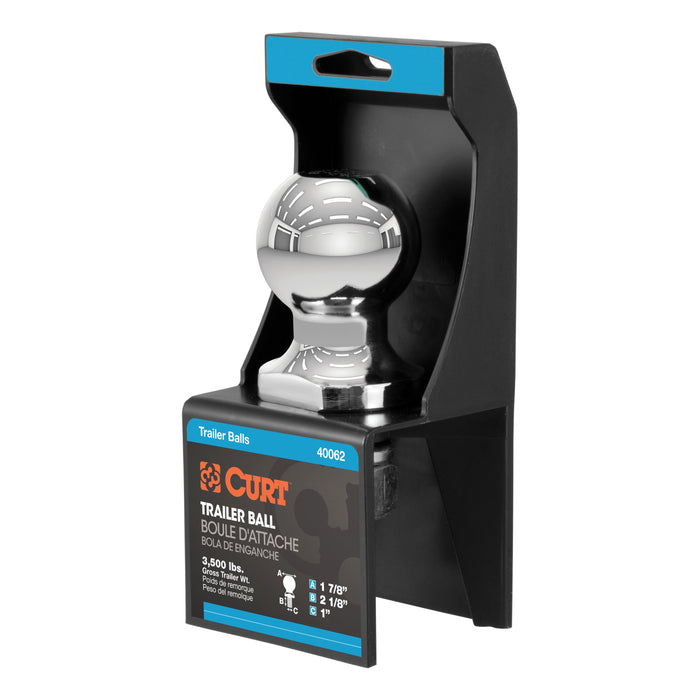 CURT Chrome Trailer Hitch Ball, 3,500 lbs, 1-7/8-Inch Diameter, 1 x 2-1/8-Inch Shank Model 40062