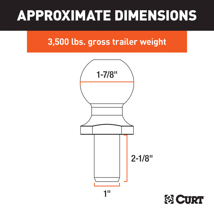 CURT Chrome Trailer Hitch Ball, 3,500 lbs, 1-7/8-Inch Diameter, 1 x 2-1/8-Inch Shank Model 40062