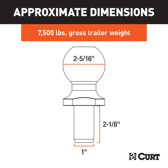 CURT Chrome Trailer Hitch Ball, 7,500 lbs, 2-5/16-Inch Diameter, 1 x 2-1/8-Inch Shank Model 40067