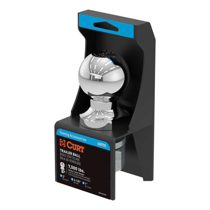 CURT 2-Inch Chrome Trailer Hitch Ball, 7,500 lbs, 1 x 2-1/8-Inch Shank, Packaged Model 40070