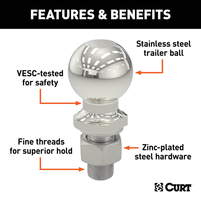 CURT Stainless Steel Trailer Hitch Ball, 3,500 lbs, 2-Inch Diameter, 3/4 x 2-1/8-Inch Shank Model 40082