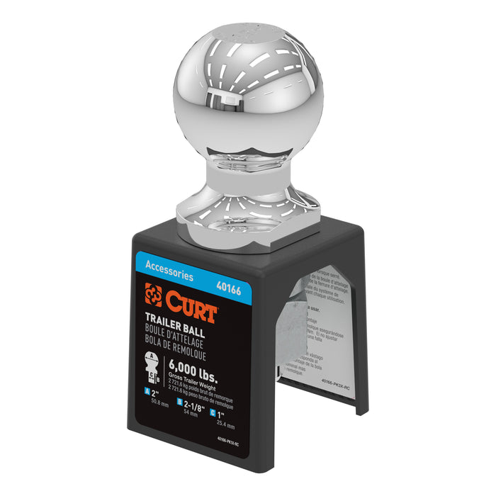 CURT Chrome Trailer Hitch Ball, 6,000 lbs, 2-Inch Diameter, 1 x 2-1/8-In Shank Model 40166