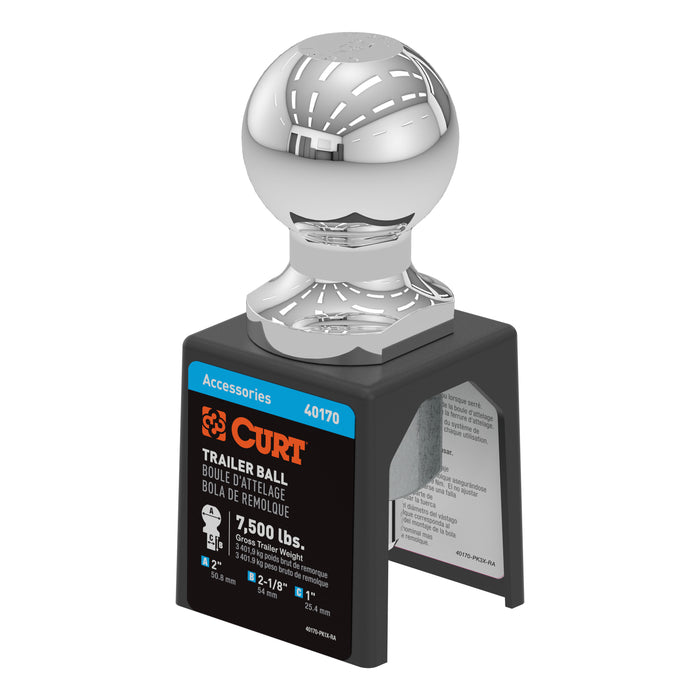 CURT 2-Inch Chrome Trailer Hitch Ball, 7,500 lbs, 1 x 2-1/8-Inch Shank, Packaged Model 40170