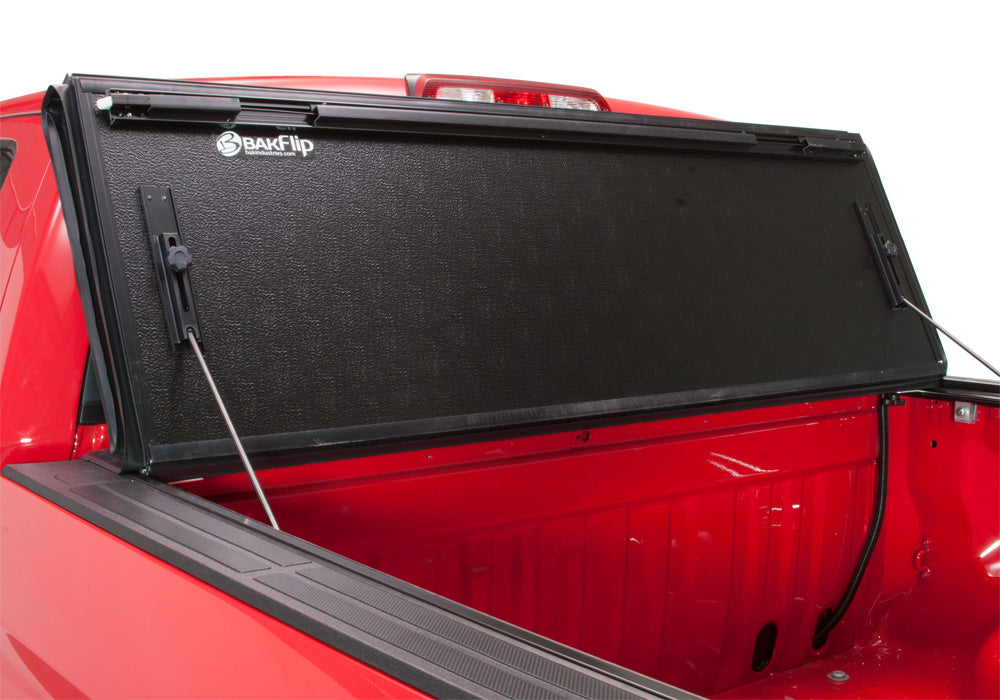 BAK BAKFlip FiberMax Hard Folding Truck Bed Cover - Rail Mounts Near Top of Bed Rail - Rails Can Be Lowered Using Drop Down Brackets - 2007-2021 Toyota Tundra 5' 6" Bed without Deck Rail System without Trail Special Edition Storage Boxes Model 1126409