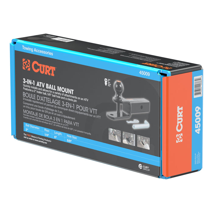 CURT 3-in-1 ATV Trailer Hitch Mount, 2-Inch Ball, Clevis Pin, 5/8-Inch Hole, Fits 2-Inch Receiver Model 45009