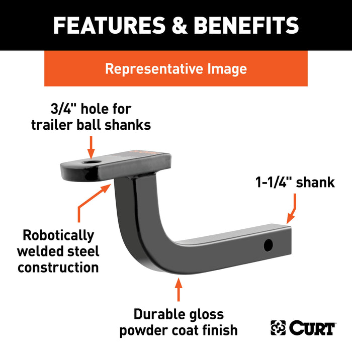 CURT Class 1 Trailer Hitch Ball Mount, Fits 1-1/4-Inch Receiver, 2,000 lbs, 3/4-Inch Hole, 5-Inch Rise Model 45025