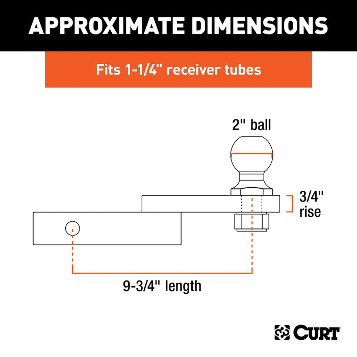CURT Trailer Hitch Mount, 2-Inch Ball, Pin, Fits 1-1/4-In Receiver, 3,500 lbs, 3/4" Rise Model 45147