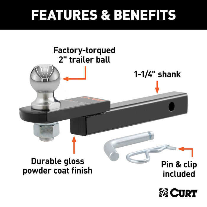 CURT Trailer Hitch Mount, 2-Inch Ball, Pin, Fits 1-1/4-In Receiver, 3,500 lbs, 3/4" Rise Model 45147