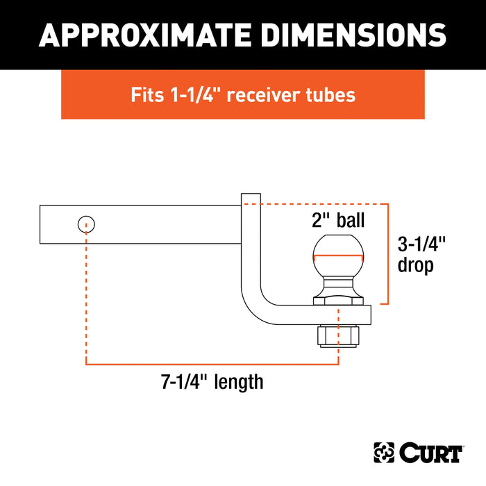 CURT Trailer Hitch Mount, 2-Inch Ball, Pin, Fits 1-1/4-In Receiver, 3,500 lbs, 3-1/4" Drop Model 45148