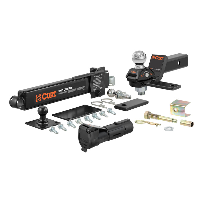 CURT RV Towing Starter Kit with RockerBall Cushion Hitch, Trailer Sway Control, Echo Mobile Brake Controller, Anti-Rattle Pin, 7,500 lbs Max Model 45190