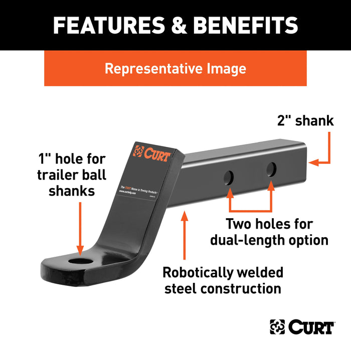 CURT Dual Length Trailer Hitch Ball Mount, 7-1/2-Inch or 10-1/2-Inch Length, Fits 2-Inch Receiver, 7,500 lbs, 1-Inch Hole, 2-In Drop, 3/4-Inch Rise Model 45220