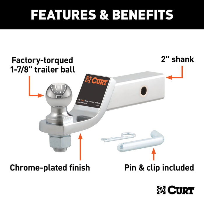 CURT Chrome Trailer Hitch Mount with 1-7/8-Inch Ball & Pin, Fits 2-Inch Receiver, 7,500 lbs, 2-In Drop Model 45293