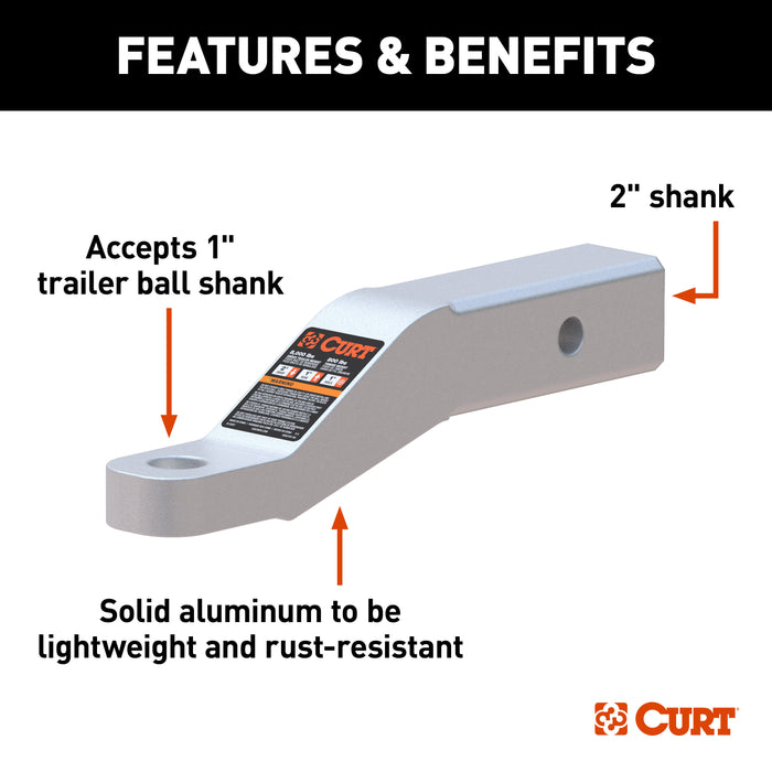 CURT Aluminum Trailer Hitch Ball Mount, Fits 2-Inch Receiver, 8,000 lbs, 1-Inch Hole, 2-In Drop, 1-In Rise Model 45360