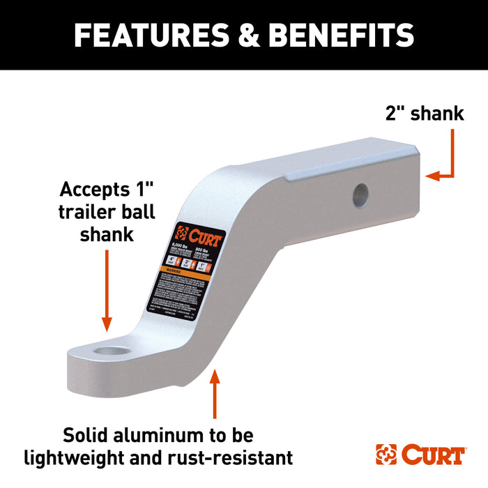 CURT Aluminum Trailer Hitch Ball Mount, Fits 2-Inch Receiver, 8,000 lbs, 1-Inch Hole, 4-In Drop, 3-In Rise Model 45361
