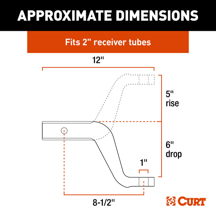 CURT Aluminum Trailer Hitch Ball Mount, Fits 2-Inch Receiver, 8,000 lbs, 1-Inch Hole, 6-In Drop, 5-In Rise Model 45362