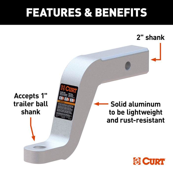 CURT Aluminum Trailer Hitch Ball Mount, Fits 2-Inch Receiver, 8,000 lbs, 1-Inch Hole, 6-In Drop, 5-In Rise Model 45362