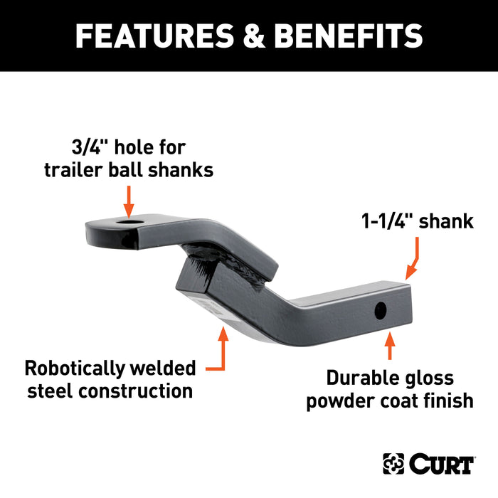 CURT Class 2 Trailer Hitch Ball Mount, Fits 1-1/4-Inch Receiver, 3,500 lbs, 3/4-Inch Hole, 3-1/8-Inch Rise Model 45510