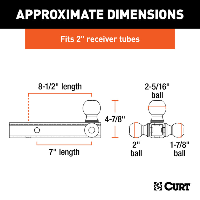 CURT Multi-Ball Trailer Hitch Ball Mount, 1-7/8, 2, 2-5/16-Inch Balls, Fits 2-Inch Receiver, 10,000 lbs Model 45650