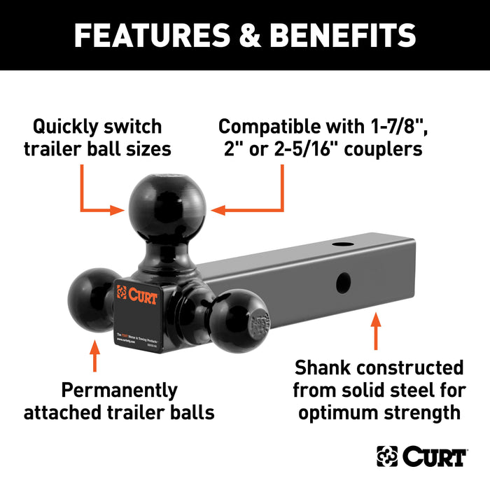 CURT Multi-Ball Trailer Hitch Ball Mount, 1-7/8, 2, 2-5/16-Inch Balls, Fits 2-Inch Receiver, 10,000 lbs Model 45650