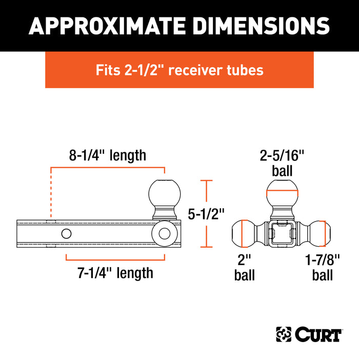 CURT Multi-Ball Trailer Hitch Ball Mount, 1-7/8, 2, 2-5/16-Inch Balls, Fits 2-1/2-Inch Receiver, 14,000 lbs Model 45651