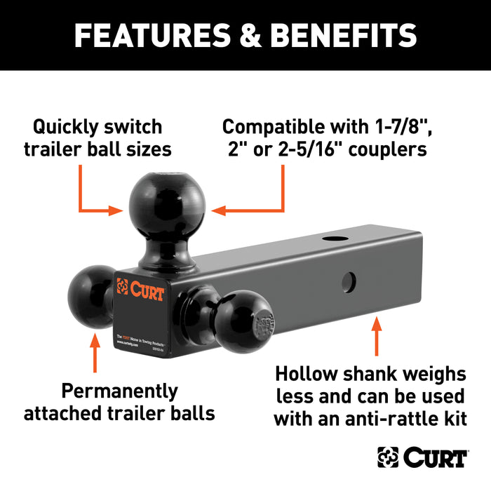 CURT Multi-Ball Trailer Hitch Ball Mount, 1-7/8, 2, 2-5/16-Inch Balls, Fits 2-1/2-Inch Receiver, 14,000 lbs Model 45651