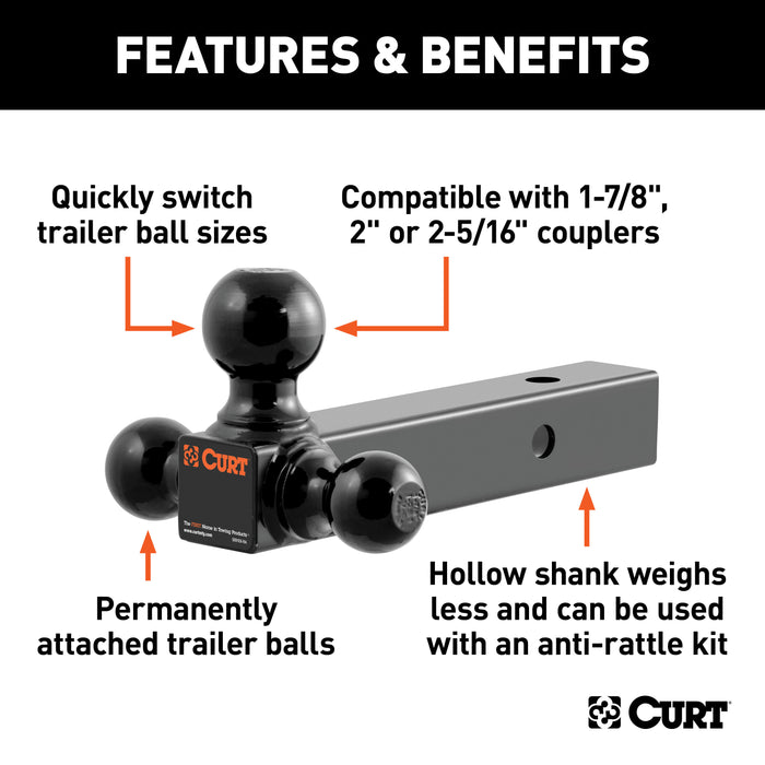 CURT Multi-Ball Trailer Hitch Ball Mount, 1-7/8, 2, 2-5/16-Inch Balls, Fits 2-Inch Receiver, 10,000 lbs Model 45652