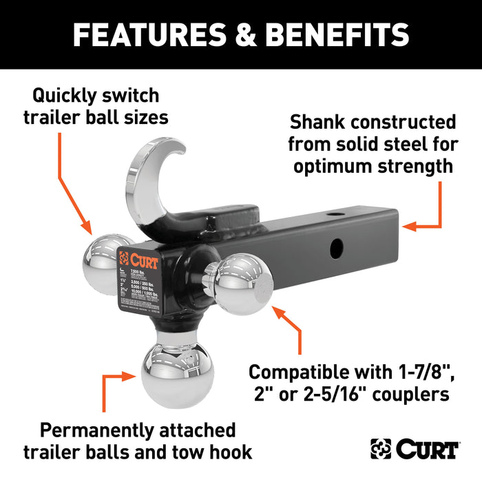CURT Multi-Ball Trailer Hitch Ball Mount, 1-7/8, 2, 2-5/16-Inch Balls and Tow Hook, Fits 2-Inch Receiver, 10,000 lbs Model 45675