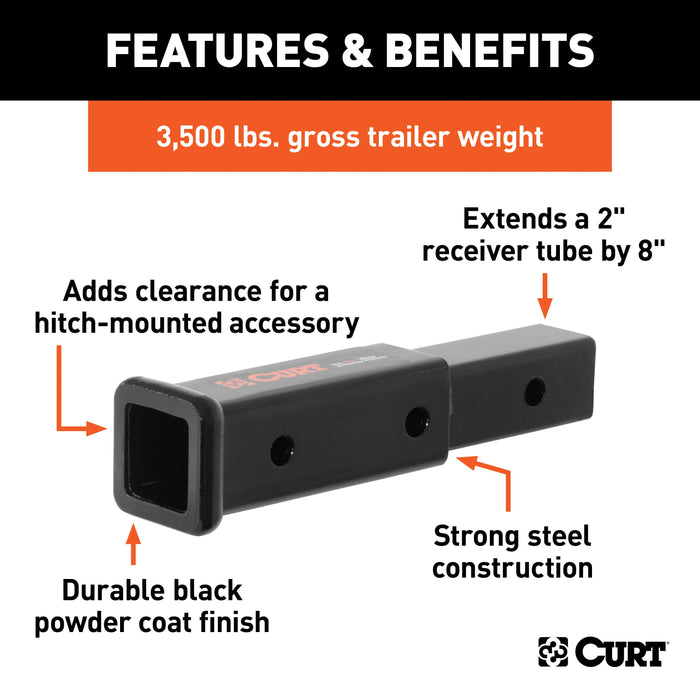CURT 8-Inch Long Trailer Hitch Extension with Hollow Shank for 2-Inch Receiver, 3,500 lbs Model 45781