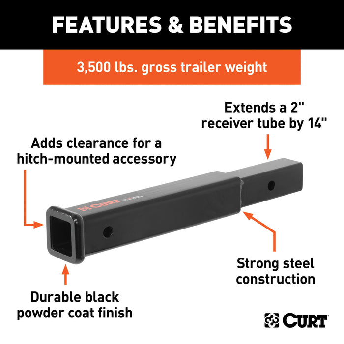 CURT 14-Inch Long Trailer Hitch Extension for 2-Inch Receiver, 3,500 lbs Model 45795