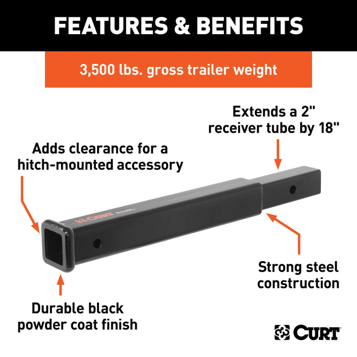 CURT 18-Inch Long Trailer Hitch Extension for 2-Inch Receiver, 3,500 lbs Model 45796