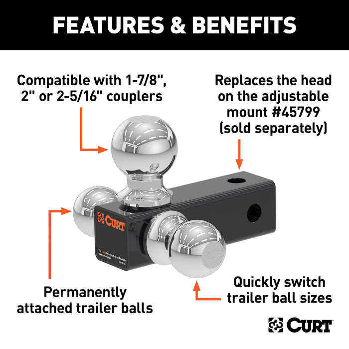 CURT Replacement Adjustable Trailer Hitch Ball Mount Head with 3 Balls for CURT #45799 Model 45800