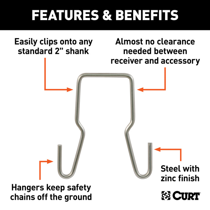 CURT Trailer Safety Chain Holder Bracket for 2-inch Shank, Clip-On Stainless Steel Hanger Hooks Model 45807
