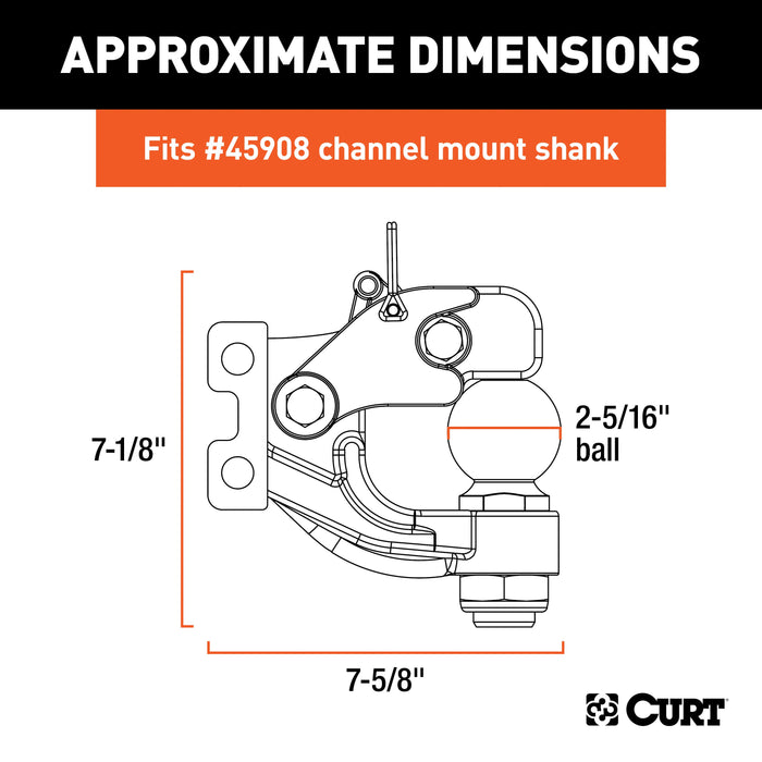 CURT Channel Mount Pintle Attachment with 2-5/16-Inch Ball, 20,000 lbs, Shank Required Model 45922