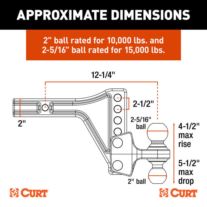 CURT Adjustable Trailer Hitch Ball Mount with Dual Ball, 2" Shank, Up to 15,000 lbs Model 45935