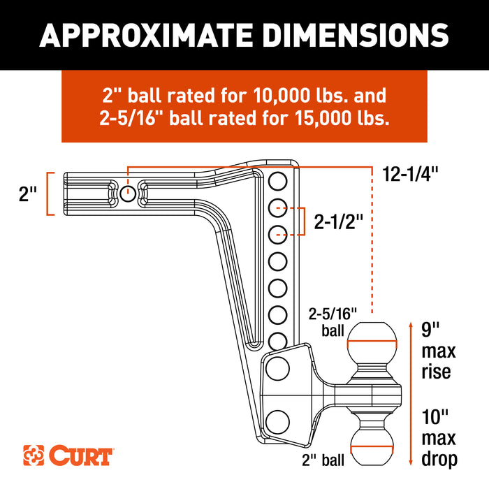 CURT Deep-Drop Adjustable Trailer Hitch Ball Mount with Dual Ball, 2" Shank, Up to 15,000 lbs Model 45936