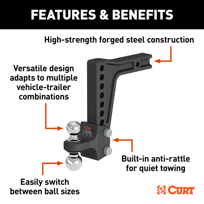 CURT Deep-Drop Adjustable Trailer Hitch Ball Mount with Dual Ball, 2" Shank, Up to 15,000 lbs Model 45936