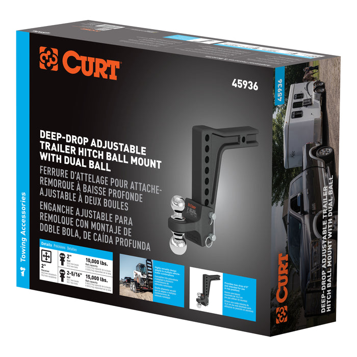 CURT Deep-Drop Adjustable Trailer Hitch Ball Mount with Dual Ball, 2" Shank, Up to 15,000 lbs Model 45936