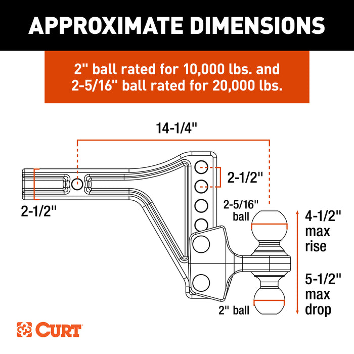 CURT HD Adjustable Hitch Ball Mount with Dual Ball, 2-1/2" Shank, Up to 20,000 lbs Model 45937
