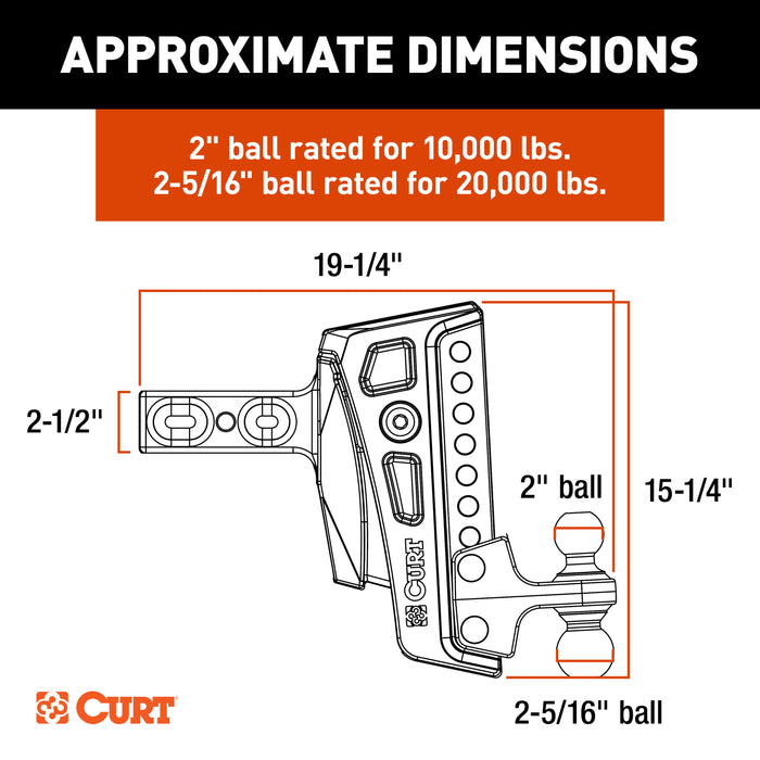 CURT Rebellion XD Adjustable Cushion Hitch with Dual Ball, 2-1/2-Inch Receiver, 2, 2-5/16-In Balls, 20,000 lbs, 8-In Drop Model 45955