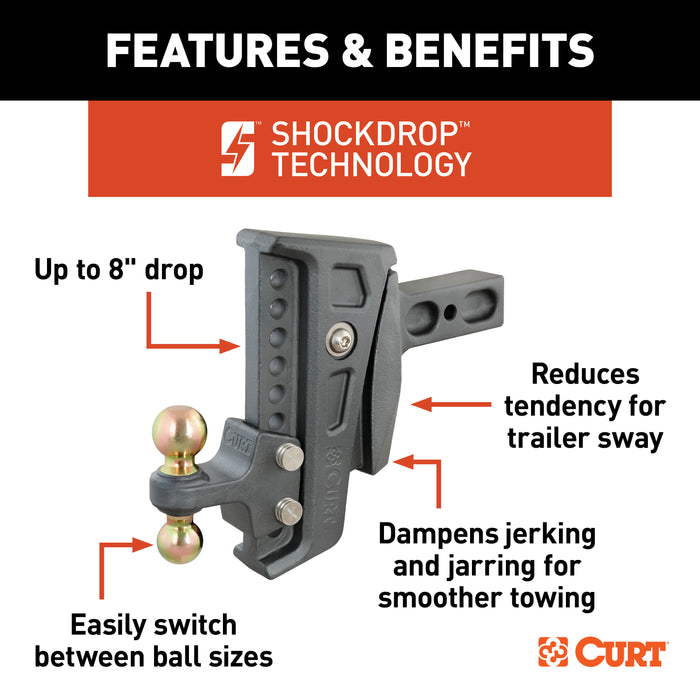 CURT Rebellion XD Adjustable Cushion Hitch with Dual Ball, 2-1/2-Inch Receiver, 2, 2-5/16-In Balls, 20,000 lbs, 8-In Drop Model 45955