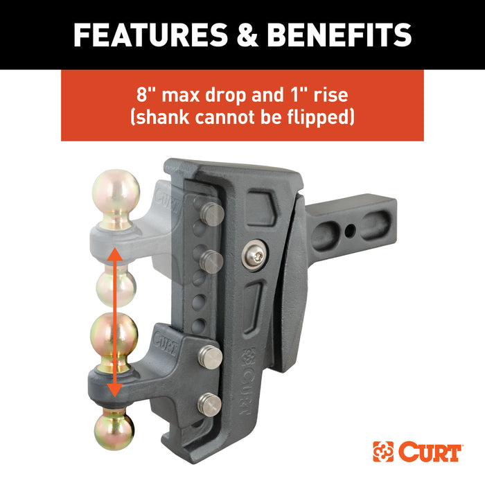 CURT Rebellion XD Adjustable Cushion Hitch with Dual Ball, 2-1/2-Inch Receiver, 2, 2-5/16-In Balls, 20,000 lbs, 8-In Drop Model 45955