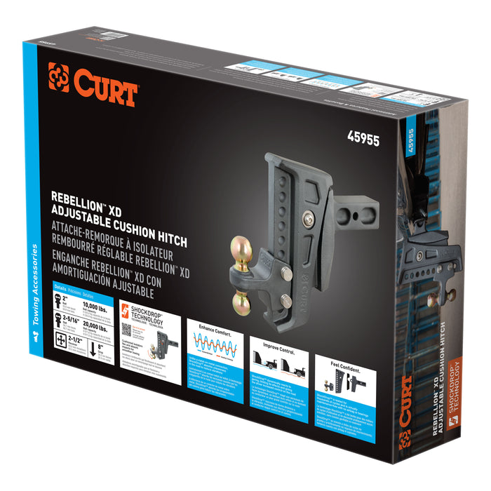 CURT Rebellion XD Adjustable Cushion Hitch with Dual Ball, 2-1/2-Inch Receiver, 2, 2-5/16-In Balls, 20,000 lbs, 8-In Drop Model 45955