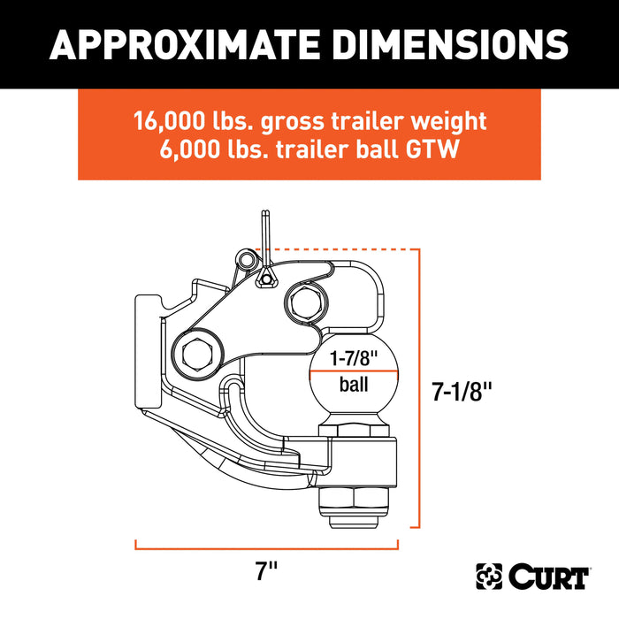 CURT Pintle Hitch with 1-7/8-Inch Trailer Ball, 16,000 lbs, Mount Required Model 48180