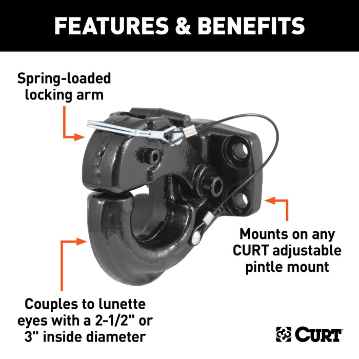CURT Pintle Hook Hitch 30,000 lbs, Fits 2-1/2 to 3-Inch Lunette Ring, Mount Required Model 48215