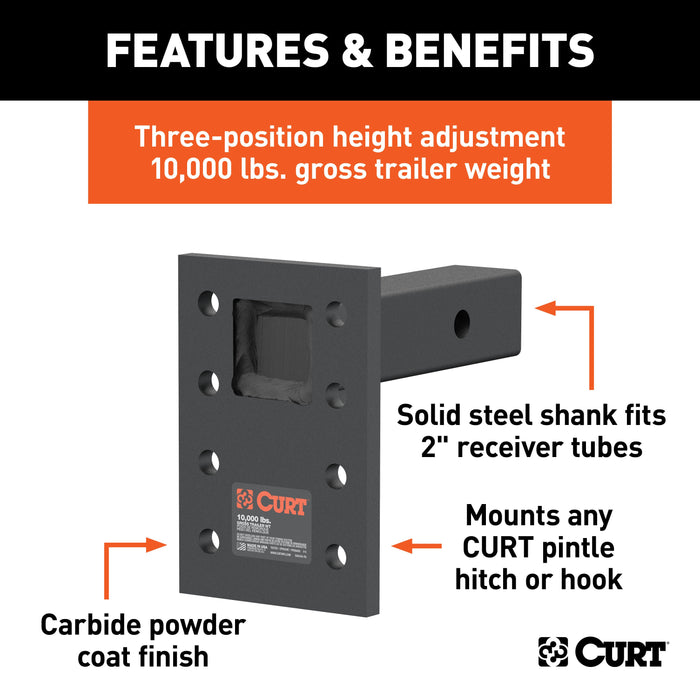 CURT Adjustable Pintle Mount for 2-Inch Hitch Receiver, 10,000 lbs, 6-1/2-Inch Drop, 6-Inch Length Model 48323