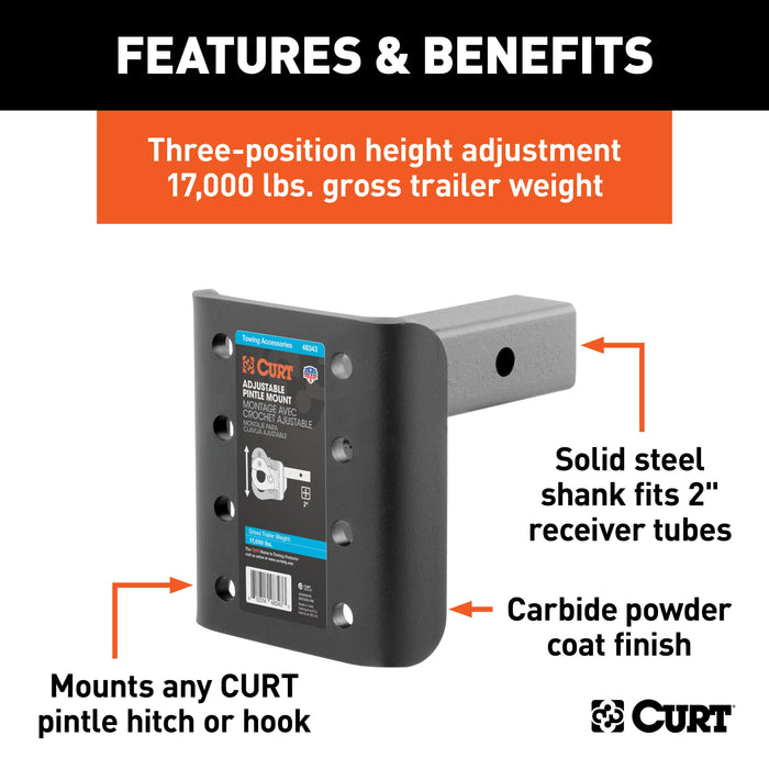 CURT Adjustable Pintle Mount for 2-Inch Hitch Receiver, 17,000 lbs, 7-1/4-Inch Height, 6-Inch Length Model 48343