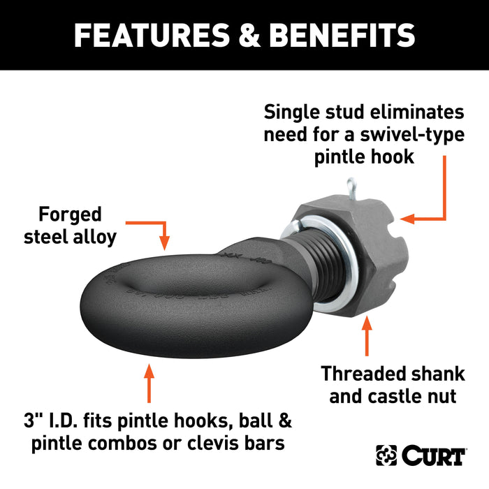 CURT Black Steel Pintle Hitch Lunette Ring with Swivel Castle Nut, 3-Inch ID, 45,000 lbs Model 48530