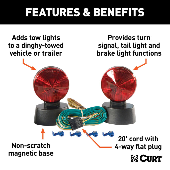 CURT Magnetic Trailer Lights for Dinghy Towing, 4-Pin Flat Plug, Stop Tail Turn, Storage Case Model 53204