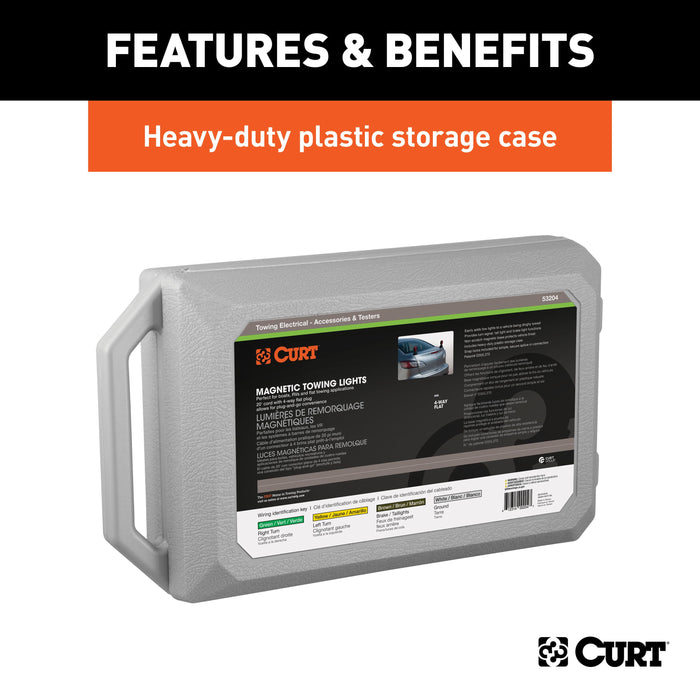 CURT Magnetic Trailer Lights for Dinghy Towing, 4-Pin Flat Plug, Stop Tail Turn, Storage Case Model 53204