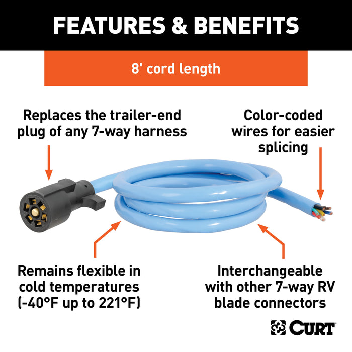 CURT Extreme Temperature, Cold Weather 7-Pin RV Blade Trailer Wiring Harness Plug, 7-Foot Blunt-Cut Wires, -40F to 221F Degree Rating Model 56612